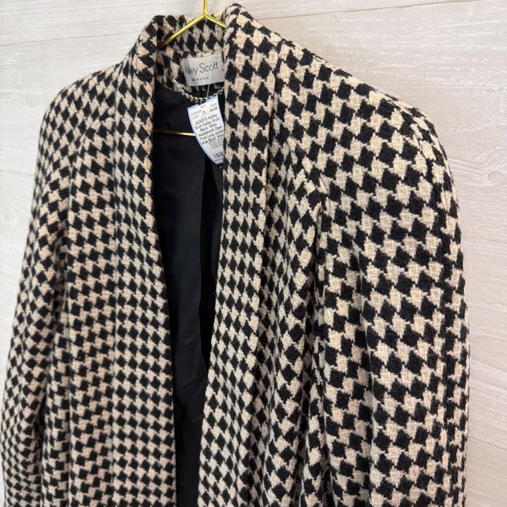 Ashley Scott Black/ White Houndstooth Open Front Long Jacket Large