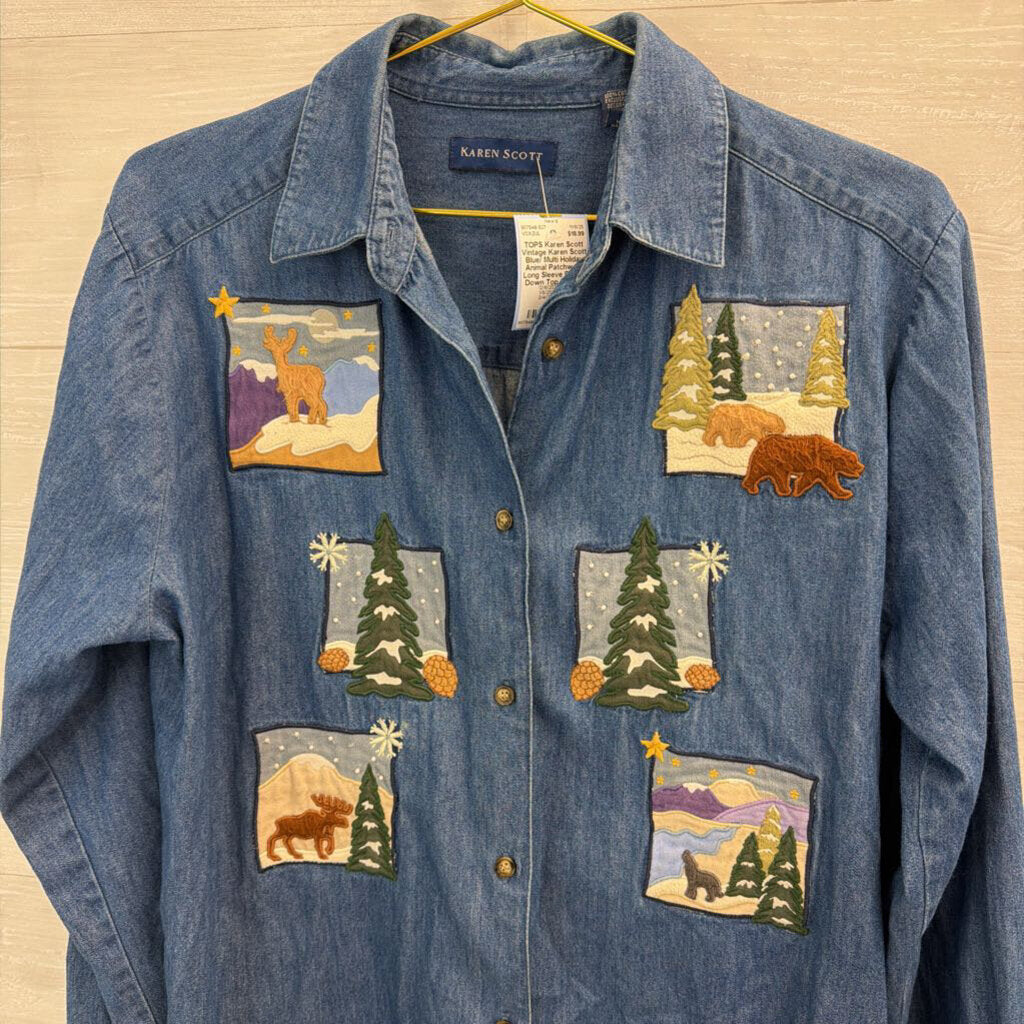 Vintage Karen Scott Blue/ Multi Holiday Animal Patchwork Long Sleeve Button Down Top Medium