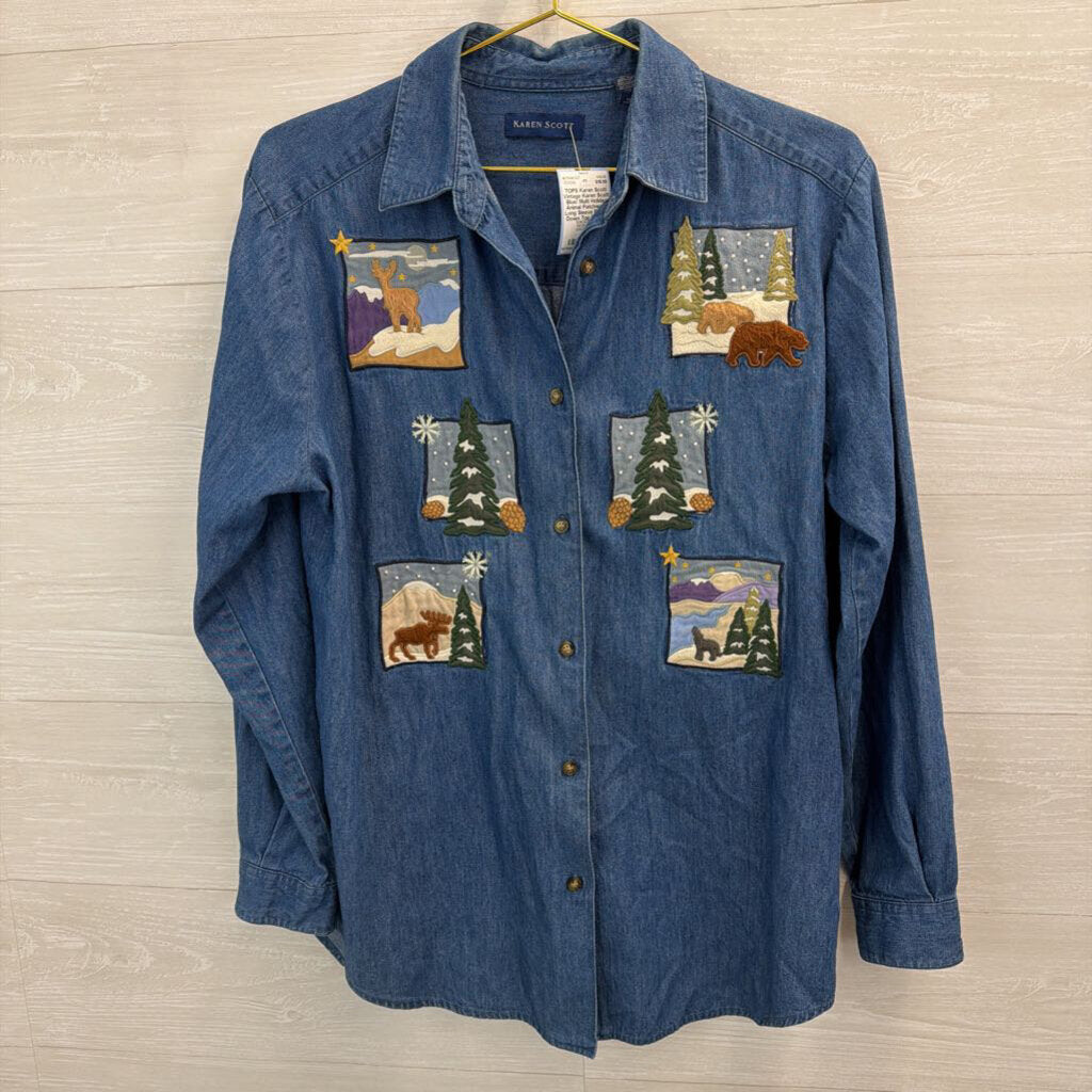 Vintage Karen Scott Blue/ Multi Holiday Animal Patchwork Long Sleeve Button Down Top Medium