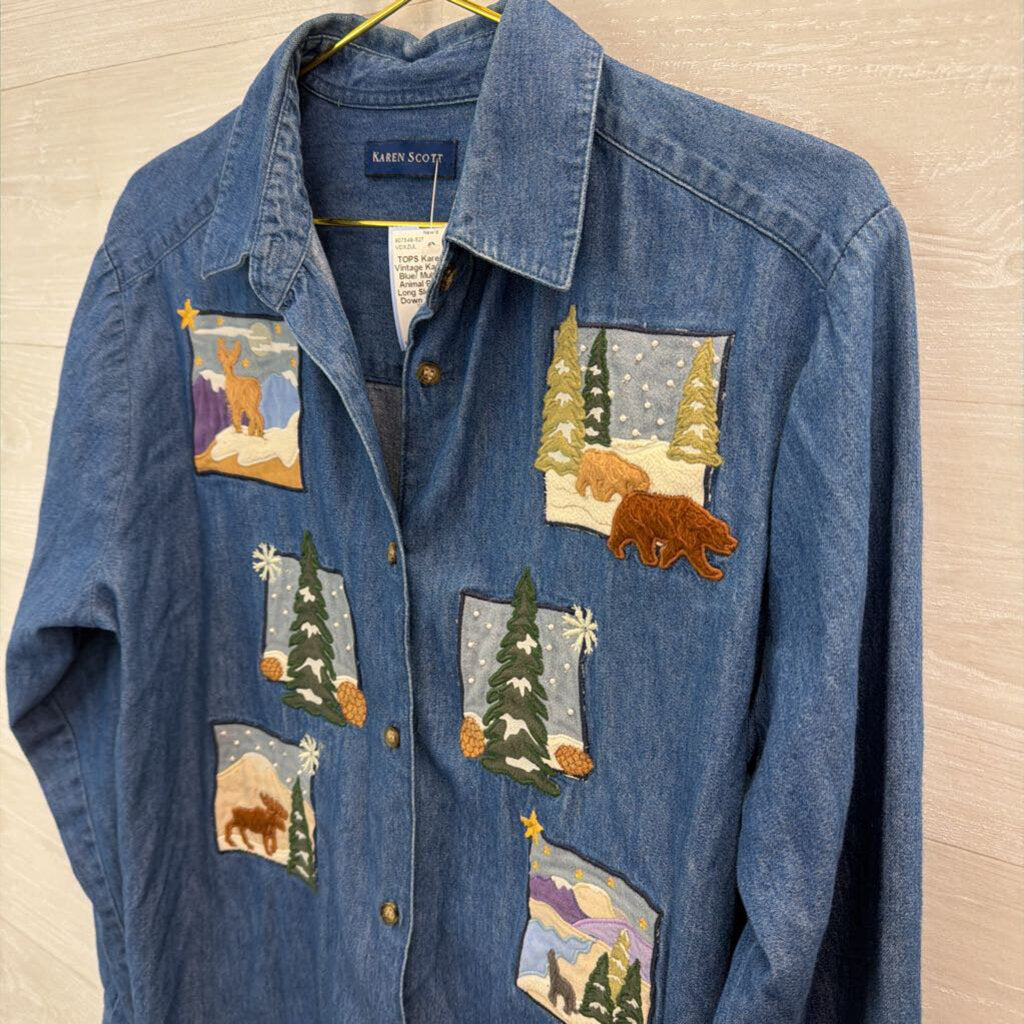 Vintage Karen Scott Blue/ Multi Holiday Animal Patchwork Long Sleeve Button Down Top Medium
