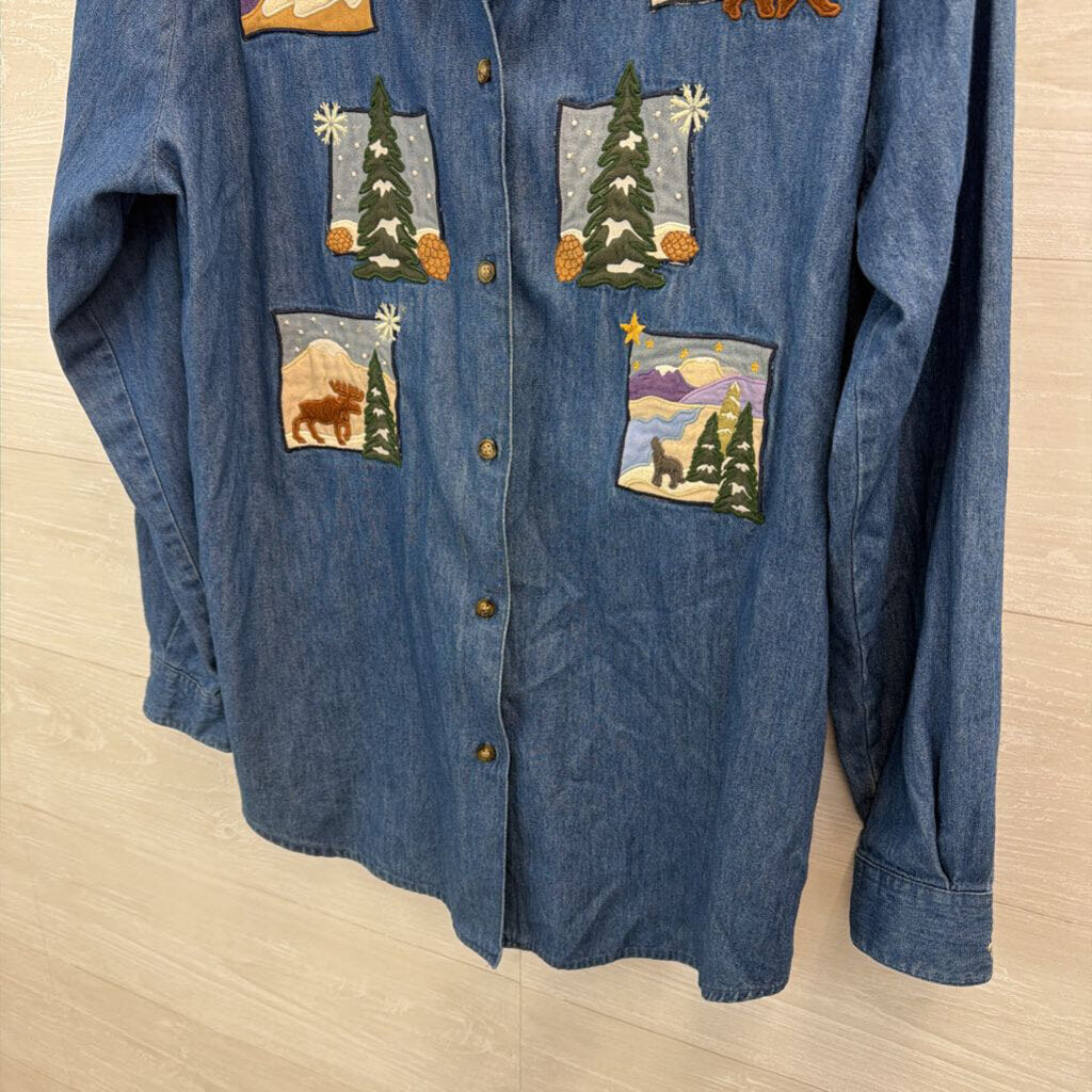 Vintage Karen Scott Blue/ Multi Holiday Animal Patchwork Long Sleeve Button Down Top Medium