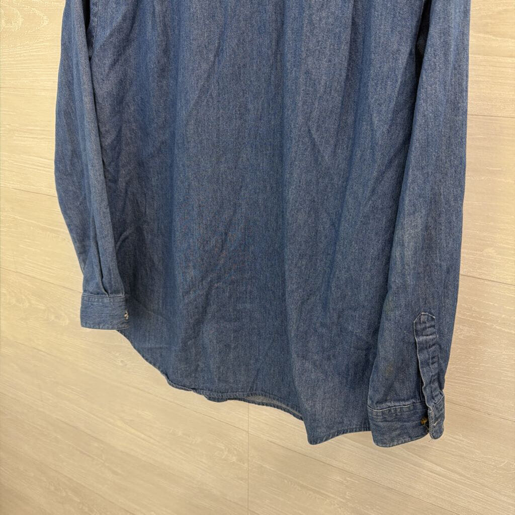 Vintage Karen Scott Blue/ Multi Holiday Animal Patchwork Long Sleeve Button Down Top Medium