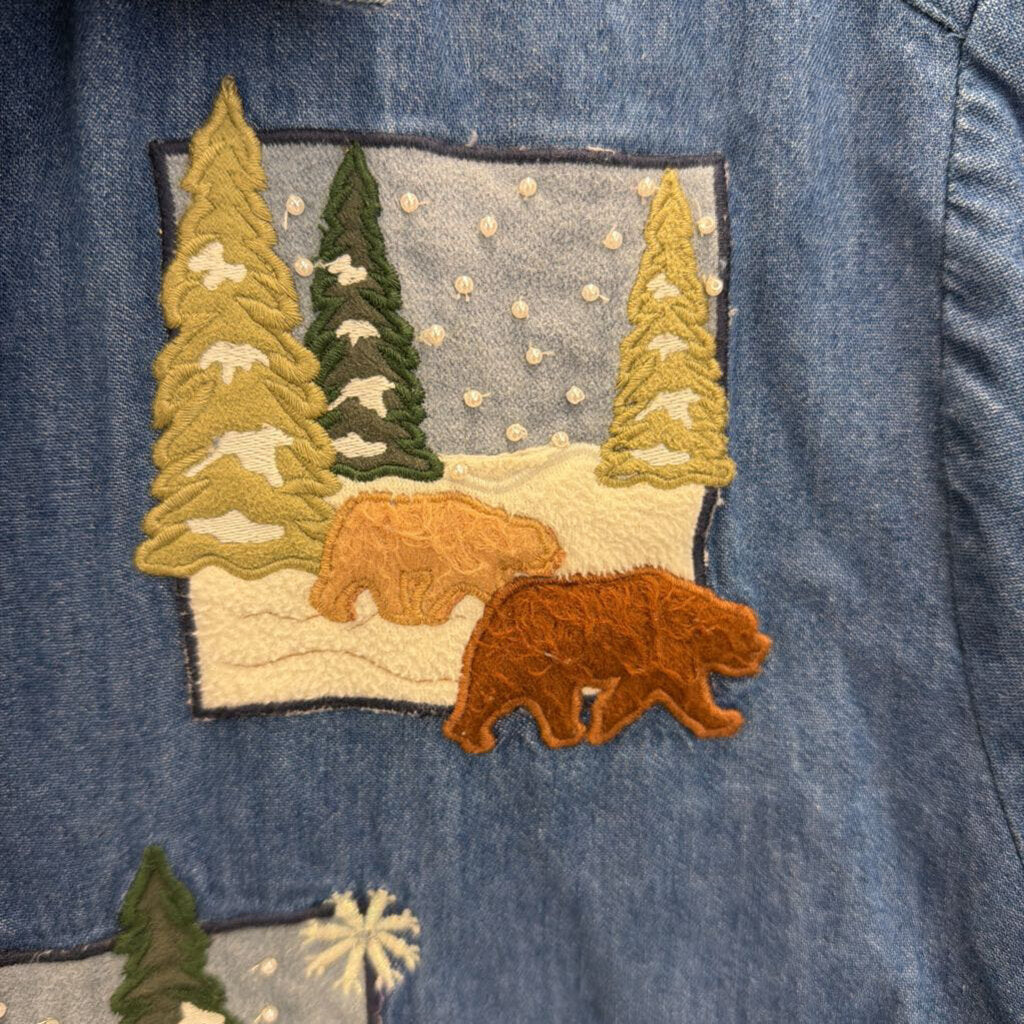 Vintage Karen Scott Blue/ Multi Holiday Animal Patchwork Long Sleeve Button Down Top Medium