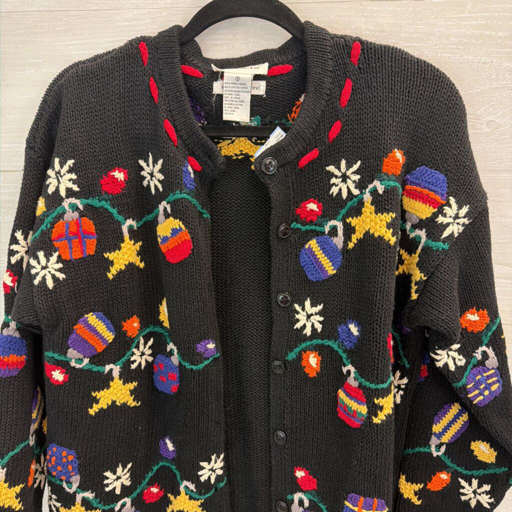 Talbots Black/ Multi Knit Holiday Ornament Cardigan Sweater Small