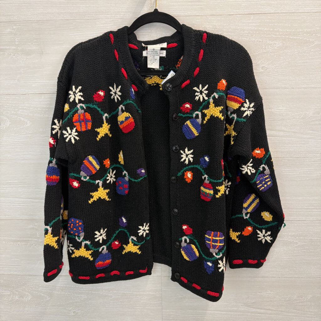 Talbots Black/ Multi Knit Holiday Ornament Cardigan Sweater Small