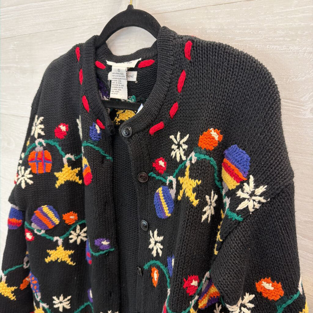 Talbots Black/ Multi Knit Holiday Ornament Cardigan Sweater Small