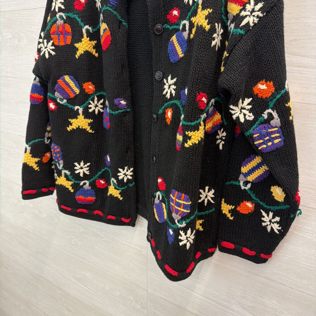 Talbots Black/ Multi Knit Holiday Ornament Cardigan Sweater Small