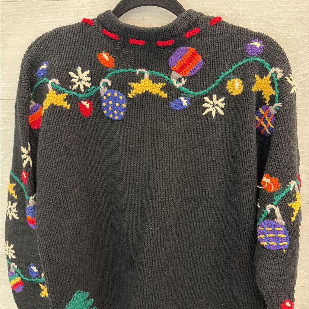 Talbots Black/ Multi Knit Holiday Ornament Cardigan Sweater Small