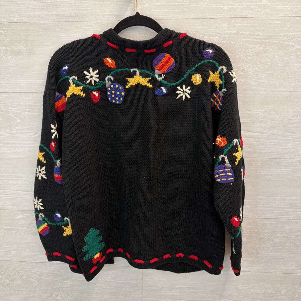 Talbots Black/ Multi Knit Holiday Ornament Cardigan Sweater Small
