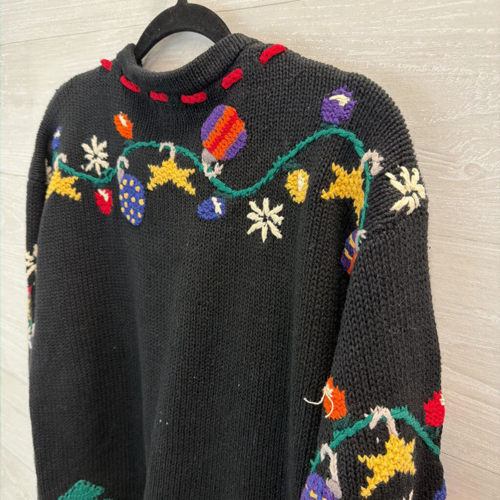 Talbots Black/ Multi Knit Holiday Ornament Cardigan Sweater Small