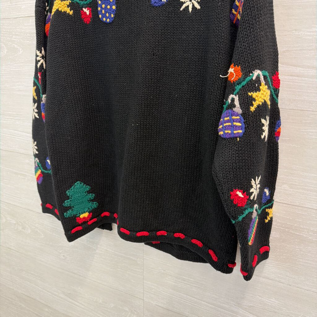 Talbots Black/ Multi Knit Holiday Ornament Cardigan Sweater Small