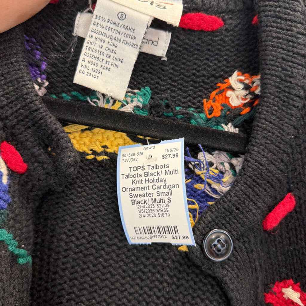 Talbots Black/ Multi Knit Holiday Ornament Cardigan Sweater Small