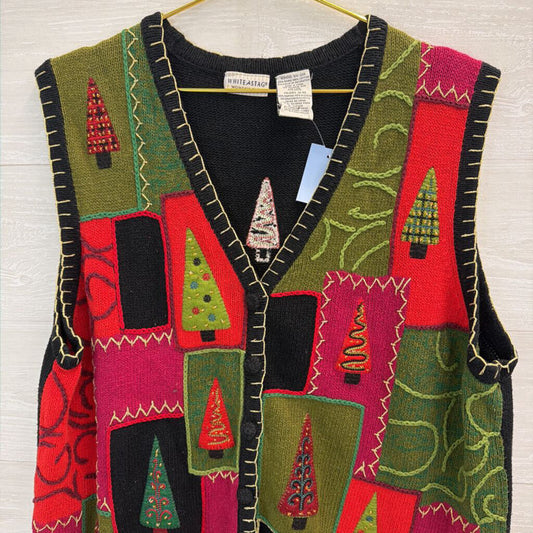 Vintage White Stag Black/ Multi Christmas Tree Patchwork Sweater Vest 18W/ 20W