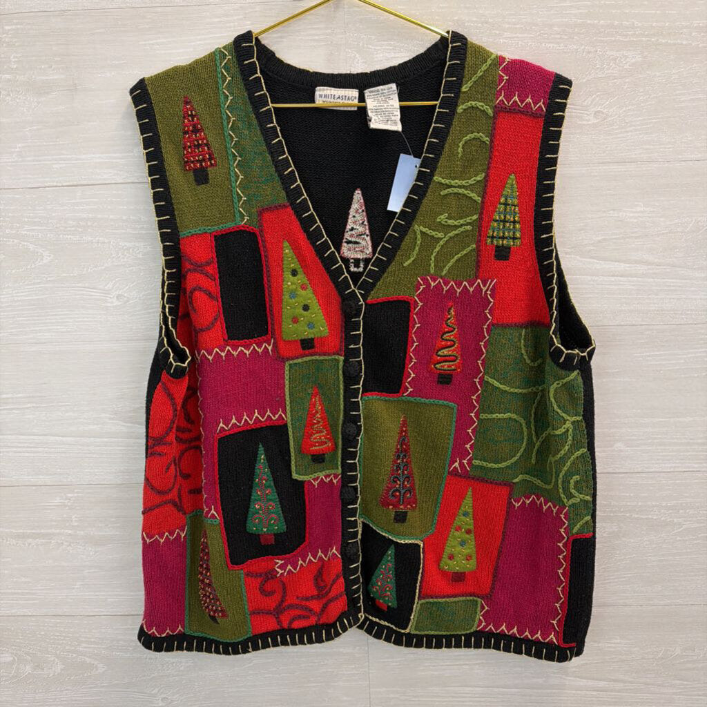 Vintage White Stag Black/ Multi Christmas Tree Patchwork Sweater Vest 18W/ 20W