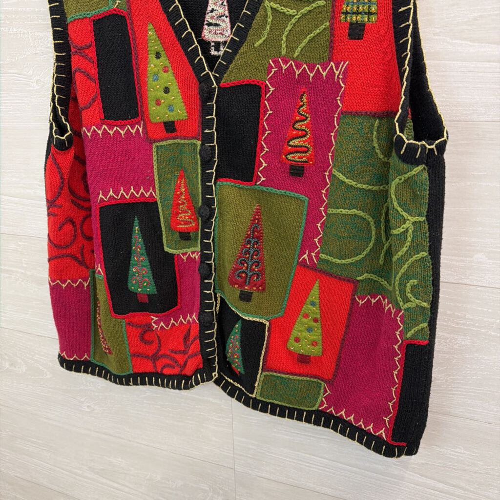 Vintage White Stag Black/ Multi Christmas Tree Patchwork Sweater Vest 18W/ 20W