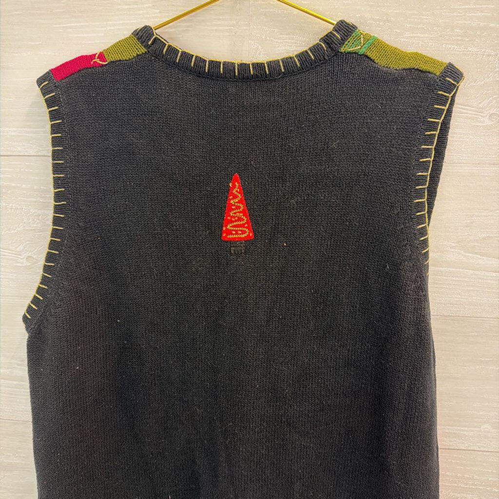 Vintage White Stag Black/ Multi Christmas Tree Patchwork Sweater Vest 18W/ 20W