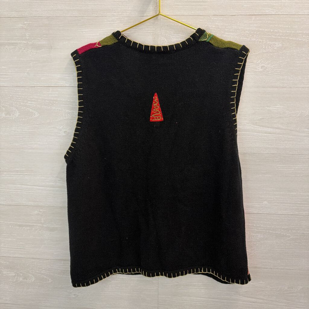 Vintage White Stag Black/ Multi Christmas Tree Patchwork Sweater Vest 18W/ 20W