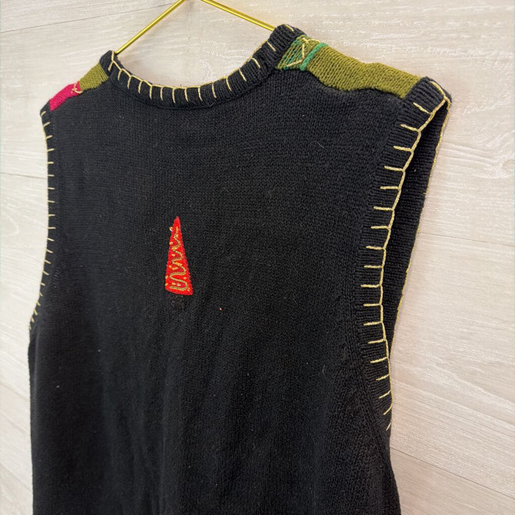 Vintage White Stag Black/ Multi Christmas Tree Patchwork Sweater Vest 18W/ 20W