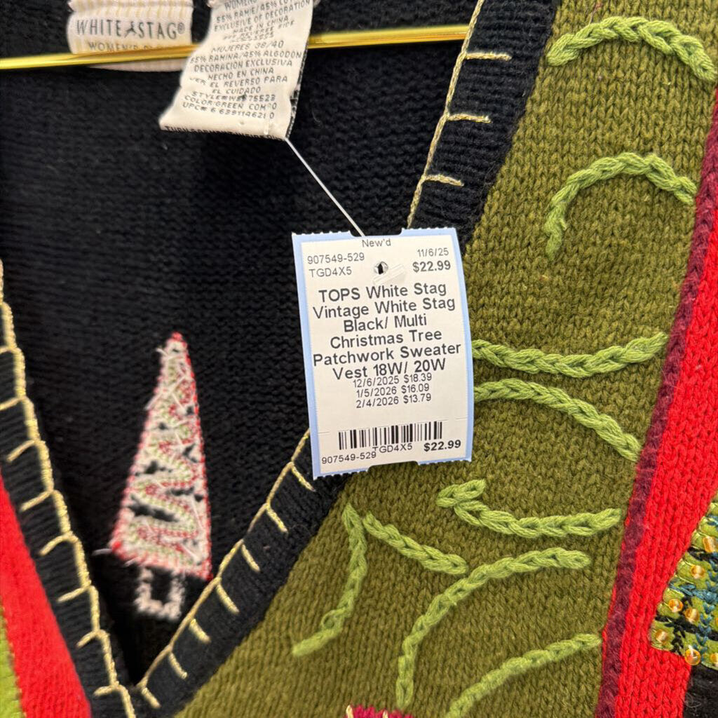 Vintage White Stag Black/ Multi Christmas Tree Patchwork Sweater Vest 18W/ 20W
