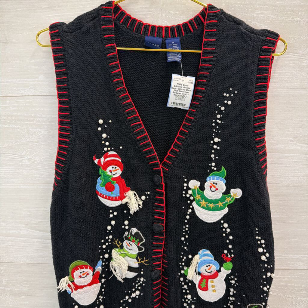 Vintage Basic Editions Black/ Multi Snowman Sweater Vest 1X