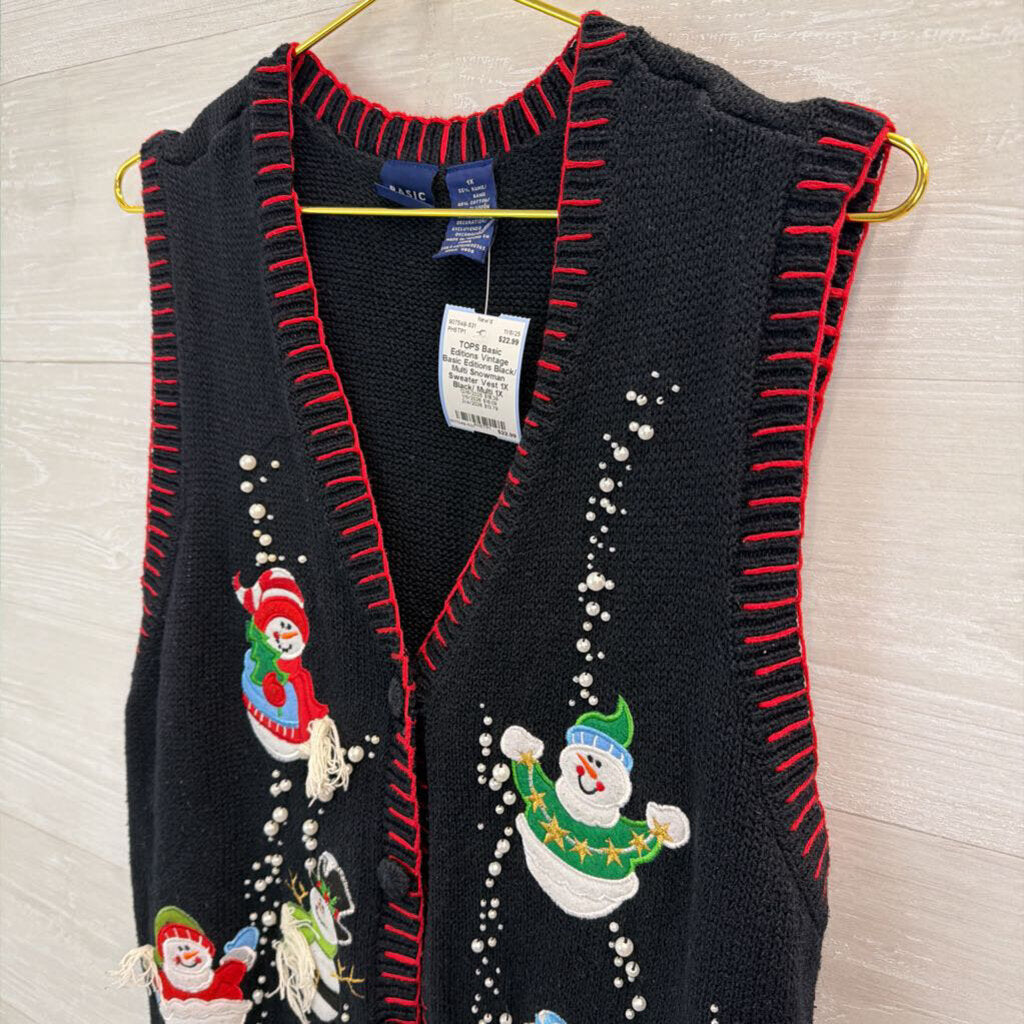 Vintage Basic Editions Black/ Multi Snowman Sweater Vest 1X
