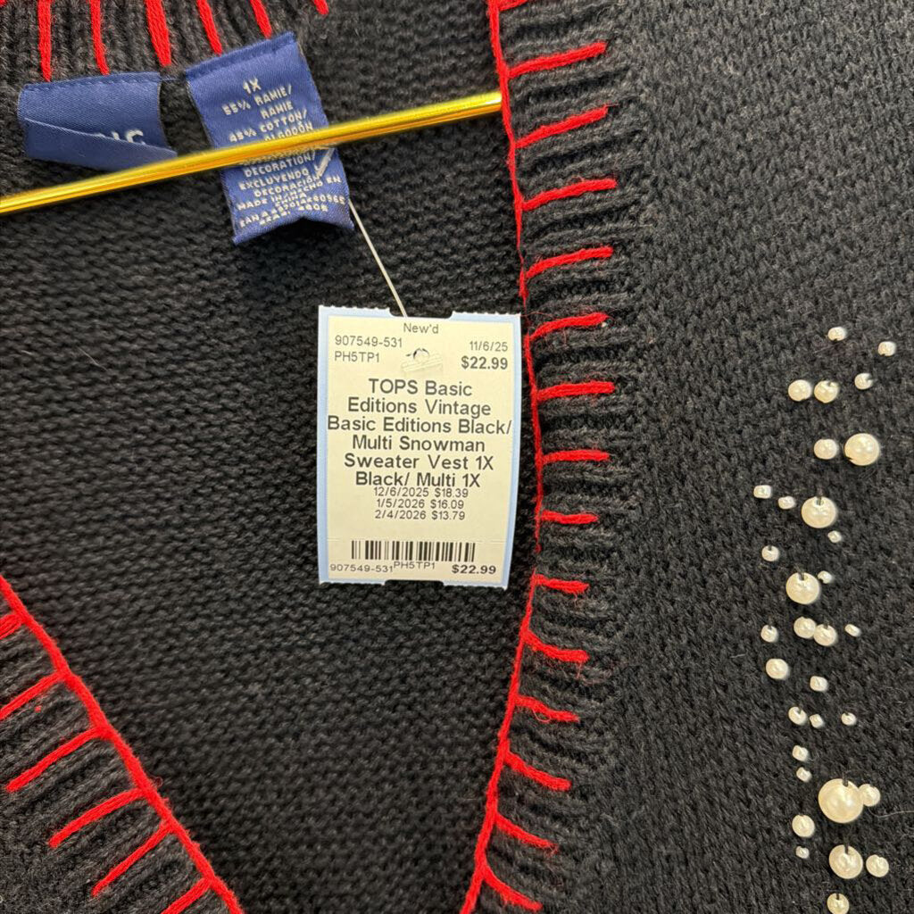 Vintage Basic Editions Black/ Multi Snowman Sweater Vest 1X