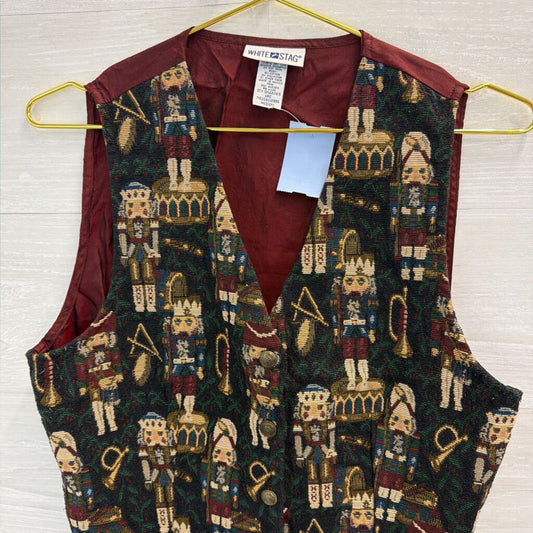 Vintage White Stag Burgundy/ Multi Nutcracker Tapestry Vest Medium