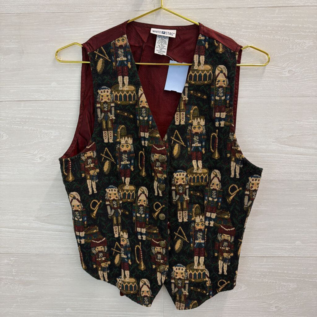 Vintage White Stag Burgundy/ Multi Nutcracker Tapestry Vest Medium