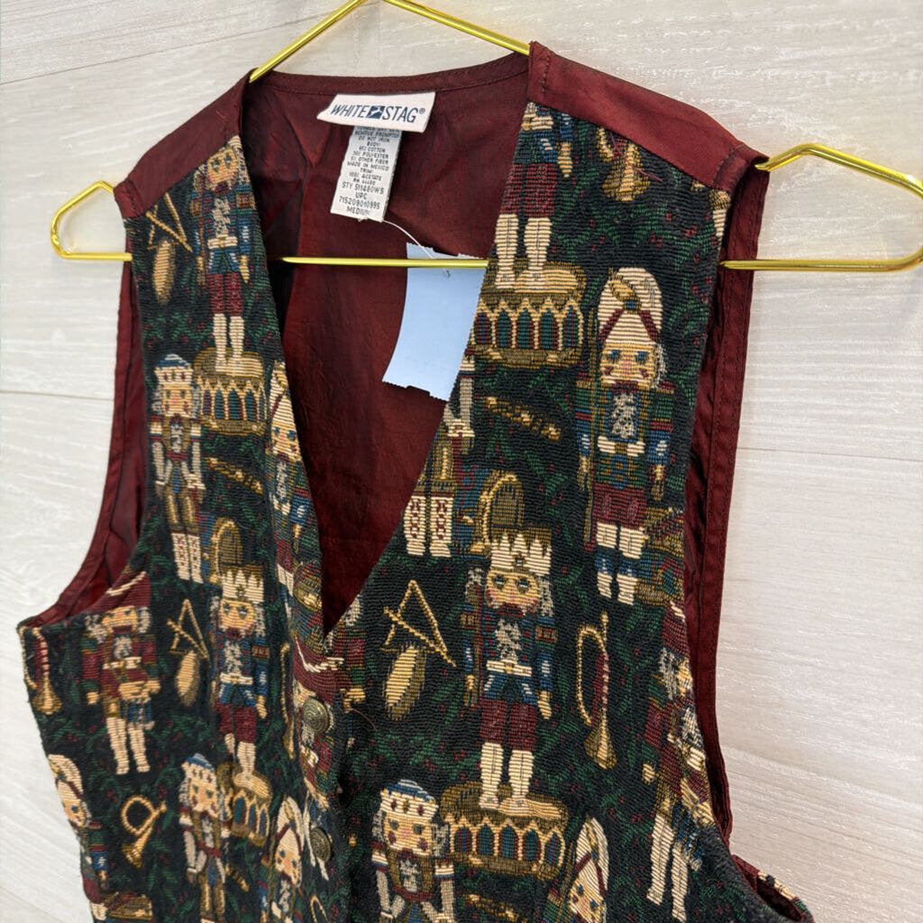 Vintage White Stag Burgundy/ Multi Nutcracker Tapestry Vest Medium