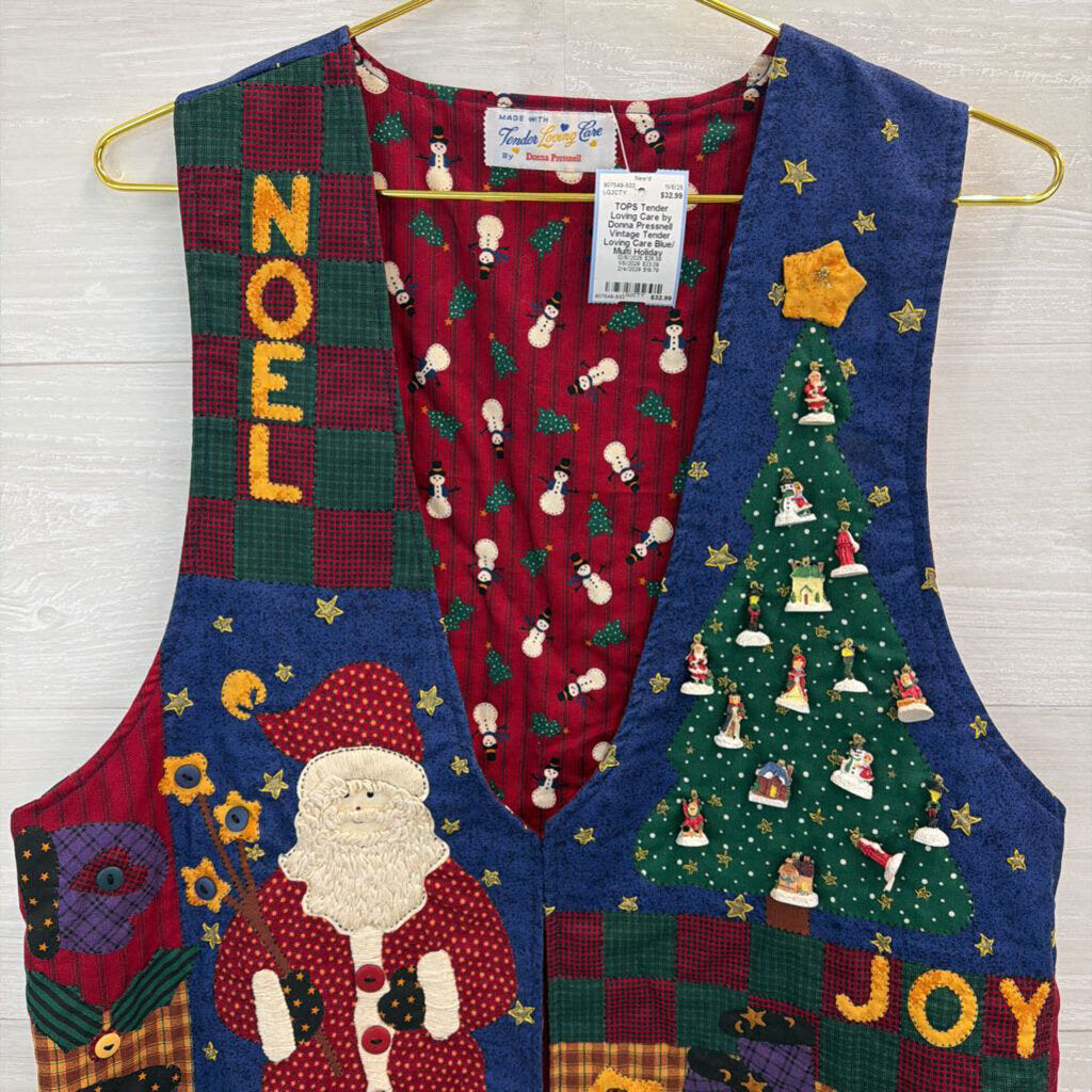 Vintage Tender Loving Care Blue/ Multi Holiday Patchwork Charm Vest Top Large