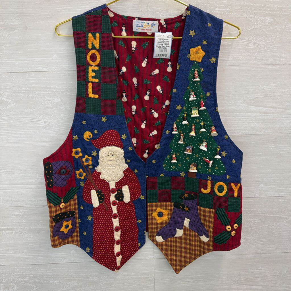 Vintage Tender Loving Care Blue/ Multi Holiday Patchwork Charm Vest Top Large