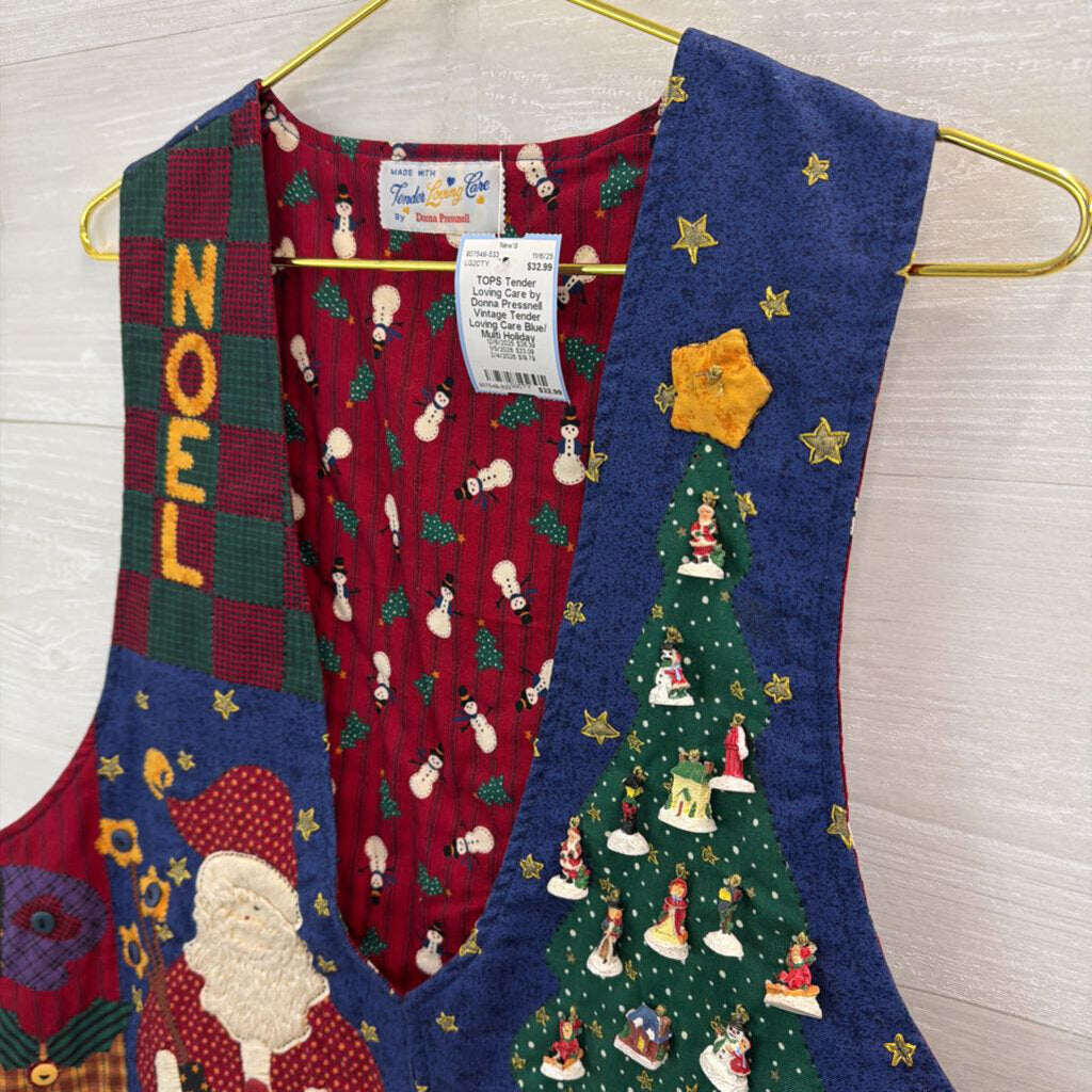 Vintage Tender Loving Care Blue/ Multi Holiday Patchwork Charm Vest Top Large