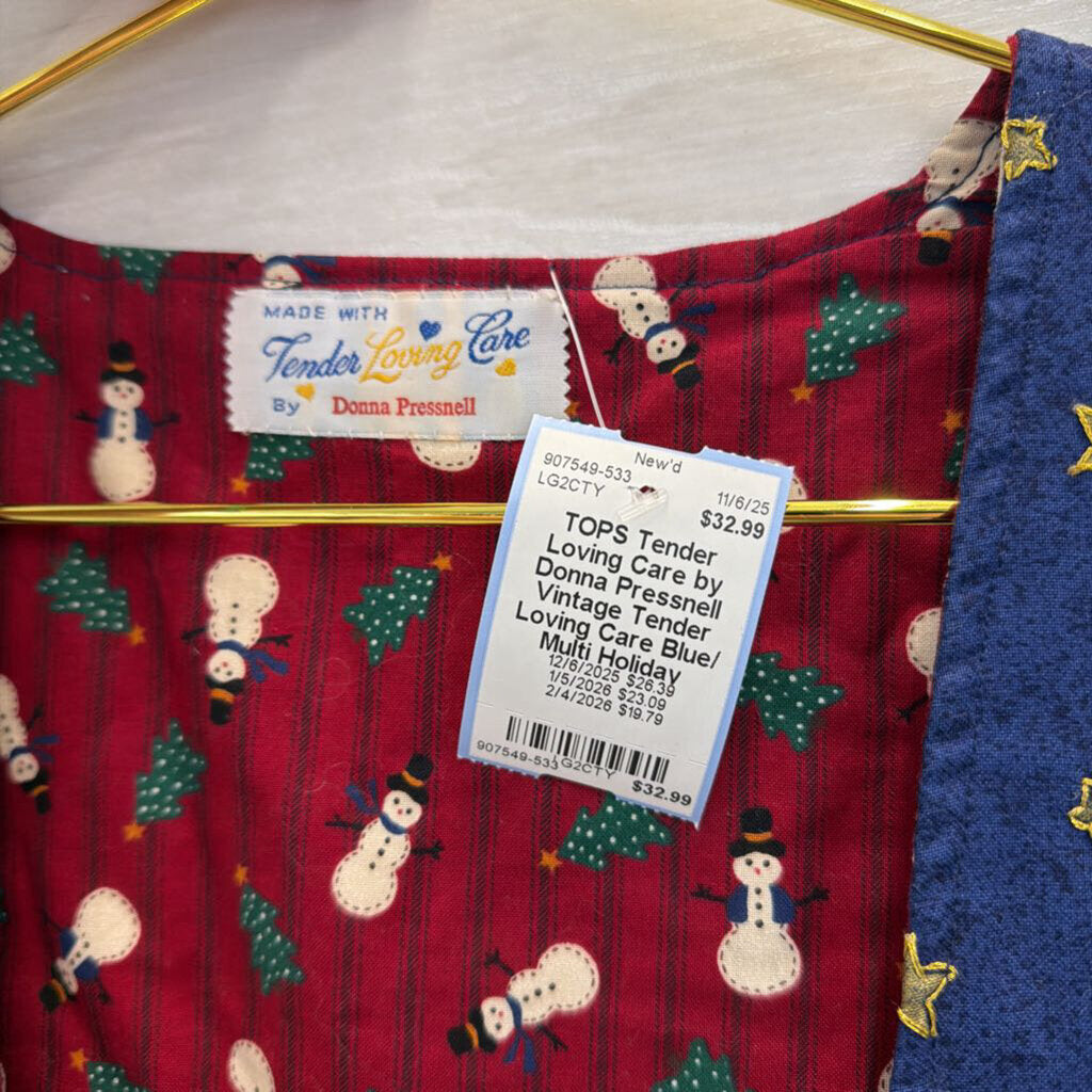 Vintage Tender Loving Care Blue/ Multi Holiday Patchwork Charm Vest Top Large