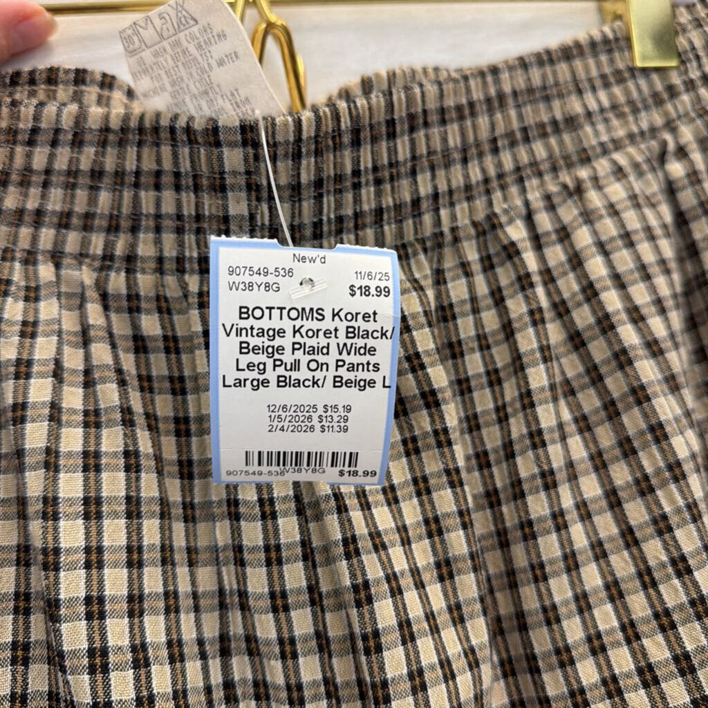 Vintage Koret Black/ Beige Plaid Wide Leg Pull On Pants Large