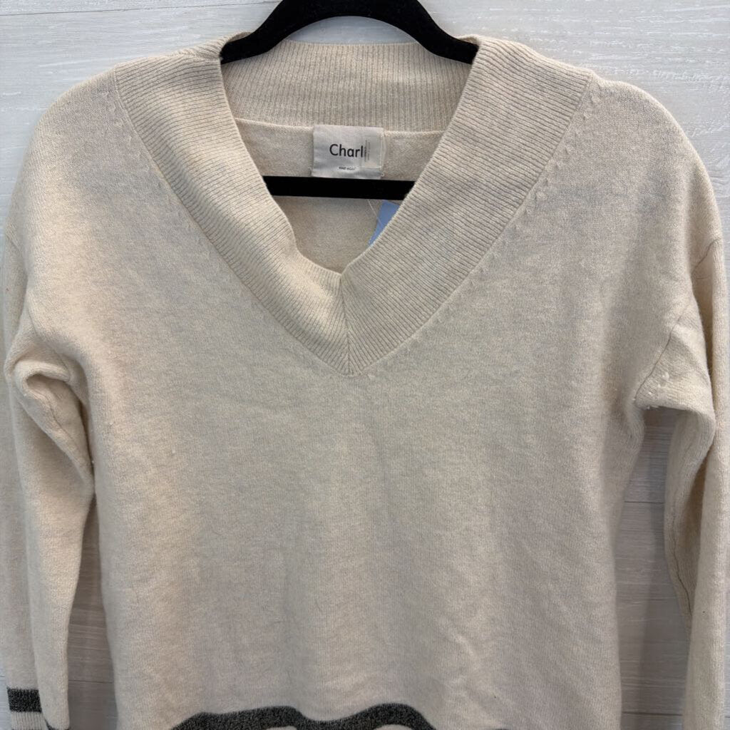 Charli Cream/ Grey Stripe Detail Long Sleeve V Neck Sweater Top Extra Small