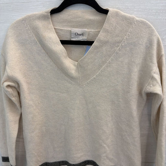 Charli Cream/ Grey Stripe Detail Long Sleeve V Neck Sweater Top Extra Small