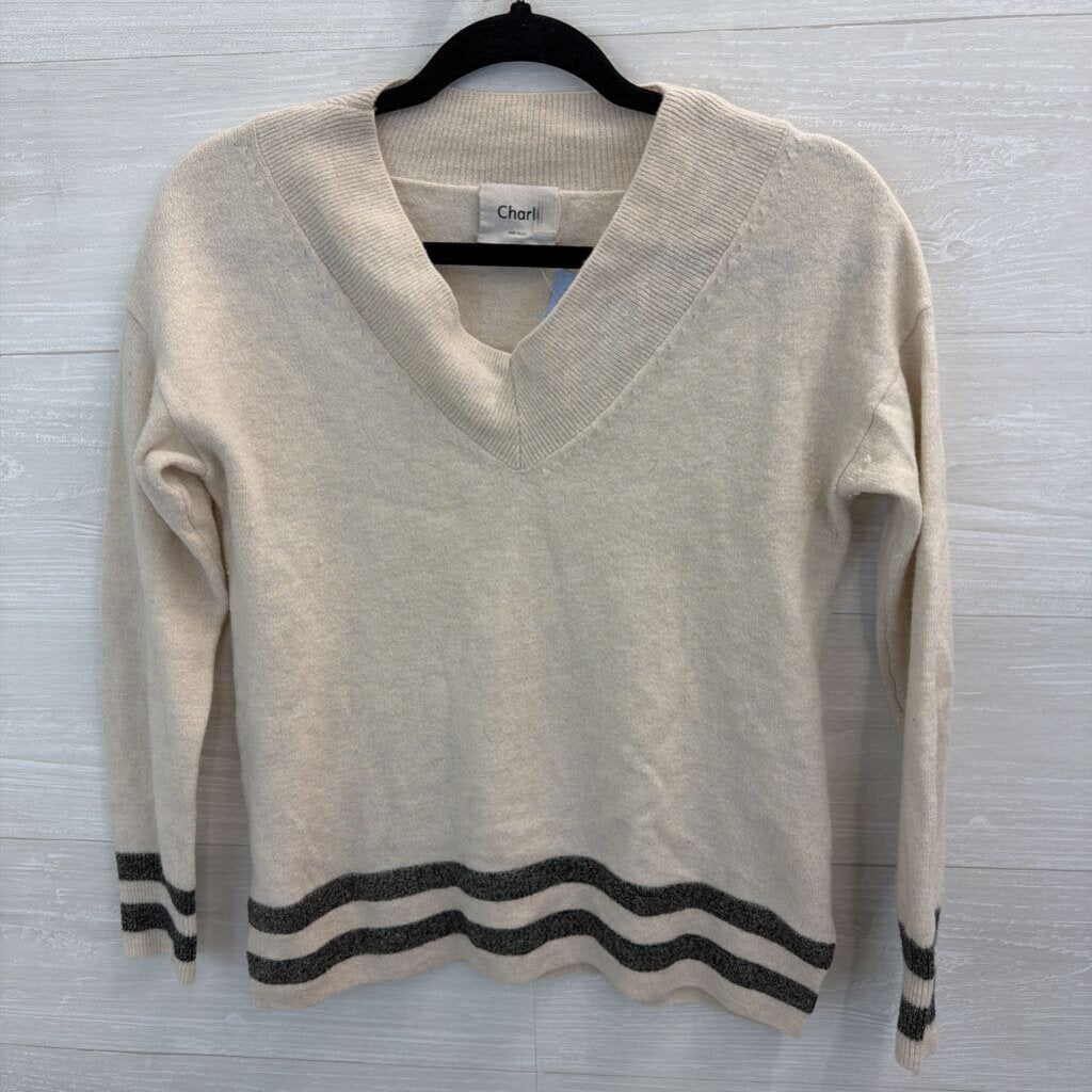 Charli Cream/ Grey Stripe Detail Long Sleeve V Neck Sweater Top Extra Small