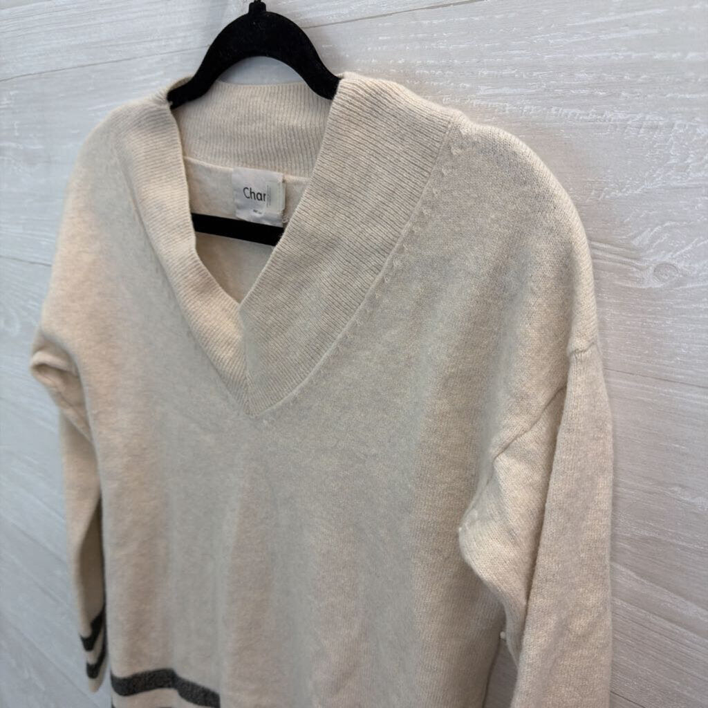 Charli Cream/ Grey Stripe Detail Long Sleeve V Neck Sweater Top Extra Small