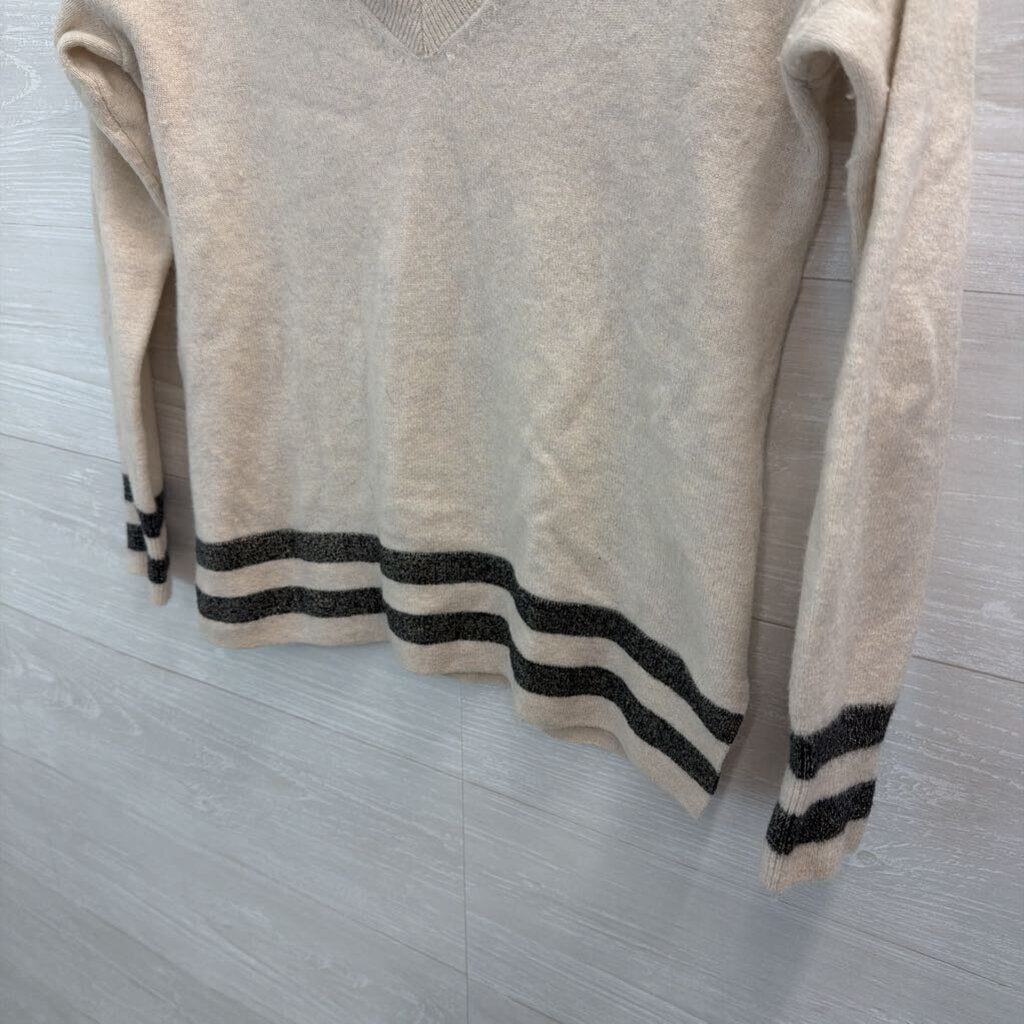 Charli Cream/ Grey Stripe Detail Long Sleeve V Neck Sweater Top Extra Small