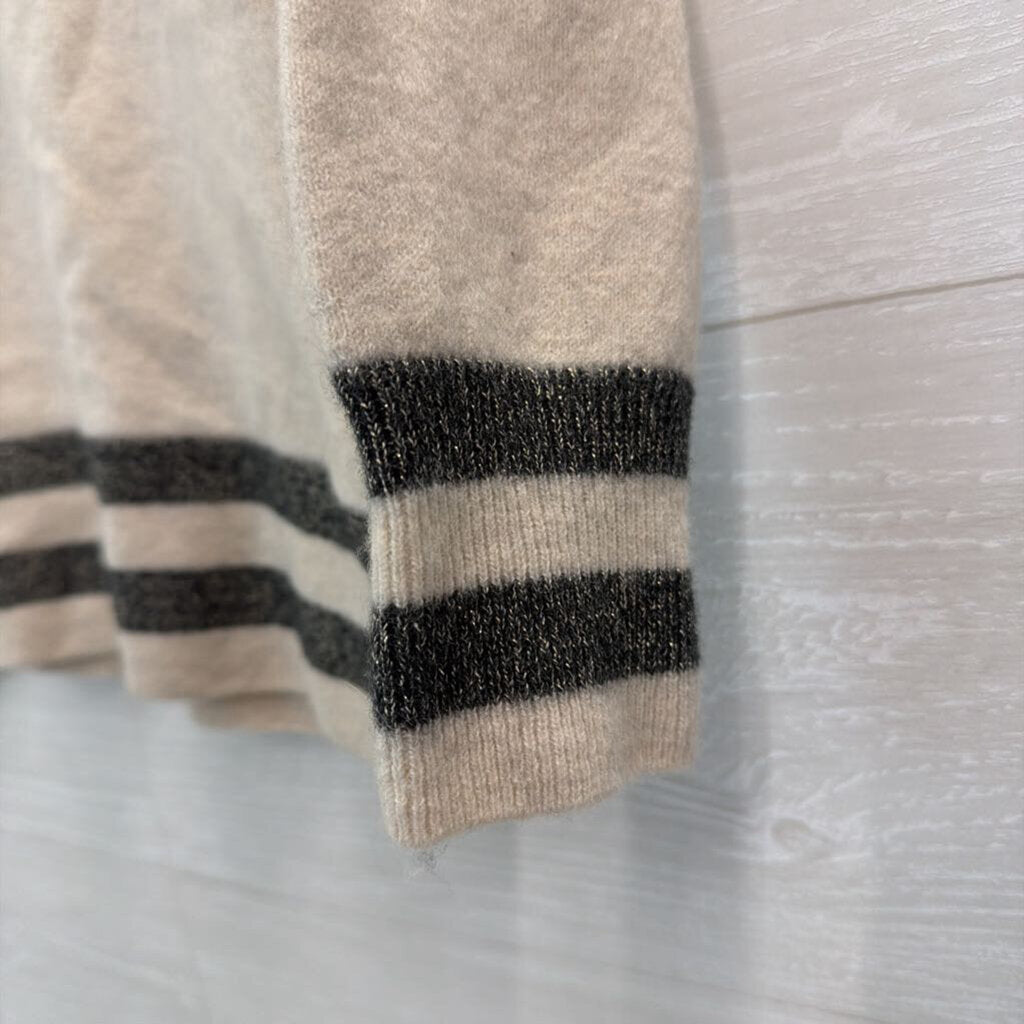 Charli Cream/ Grey Stripe Detail Long Sleeve V Neck Sweater Top Extra Small