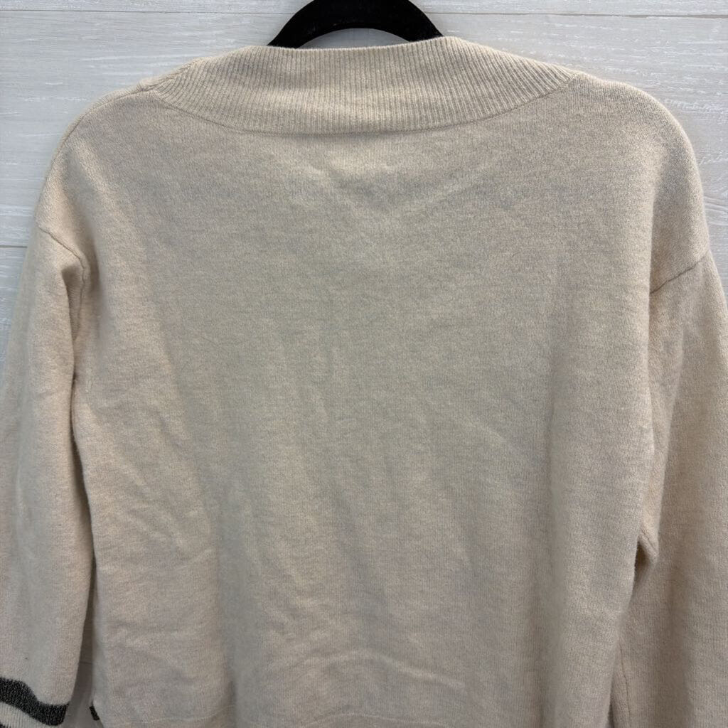 Charli Cream/ Grey Stripe Detail Long Sleeve V Neck Sweater Top Extra Small