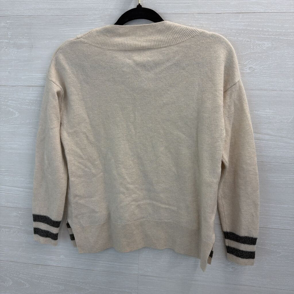 Charli Cream/ Grey Stripe Detail Long Sleeve V Neck Sweater Top Extra Small