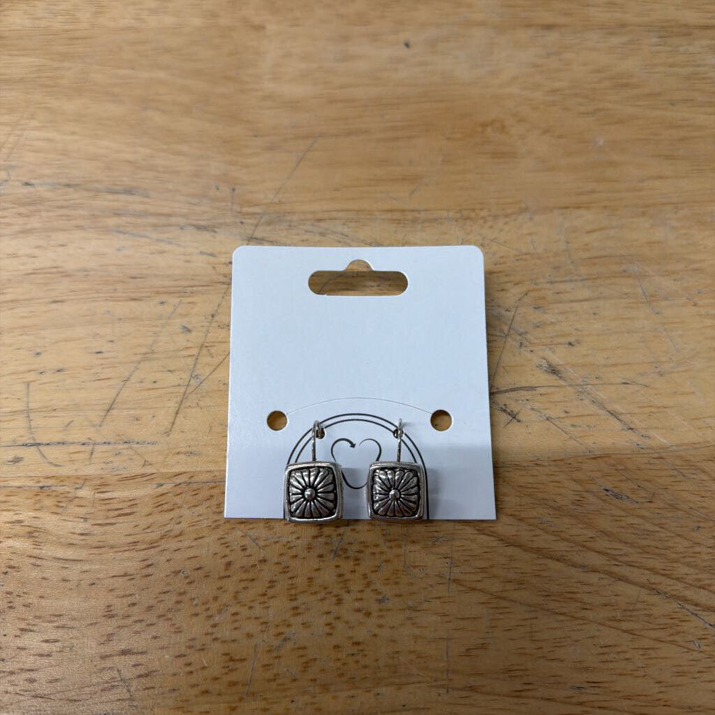 Silver Flower Square Drop Earrings