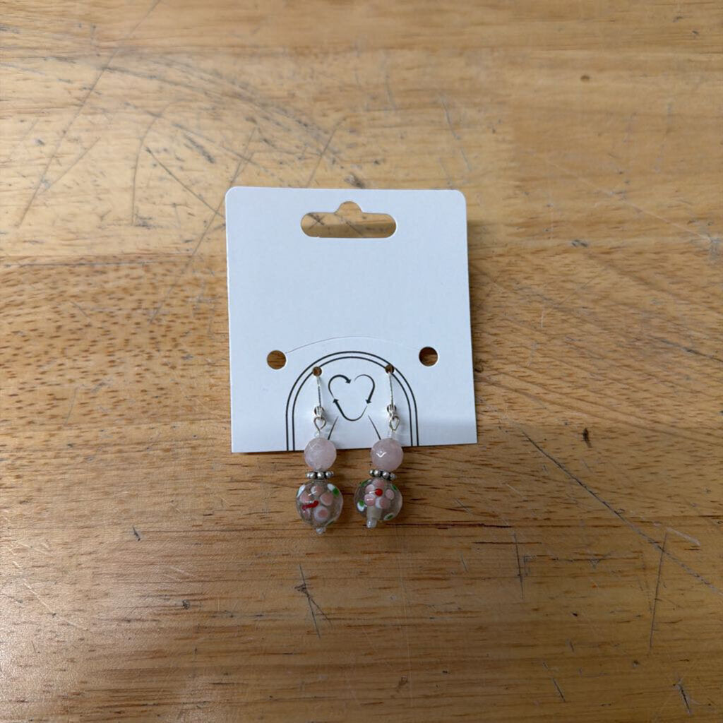 Silver/ Pink Beaded Drop Earrings