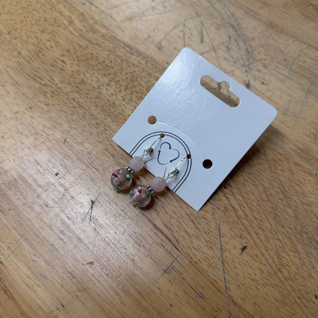 Silver/ Pink Beaded Drop Earrings
