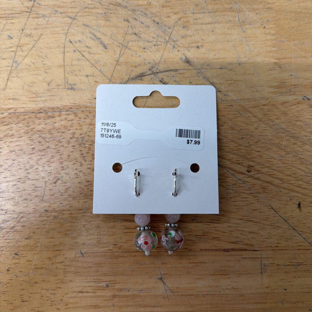 Silver/ Pink Beaded Drop Earrings