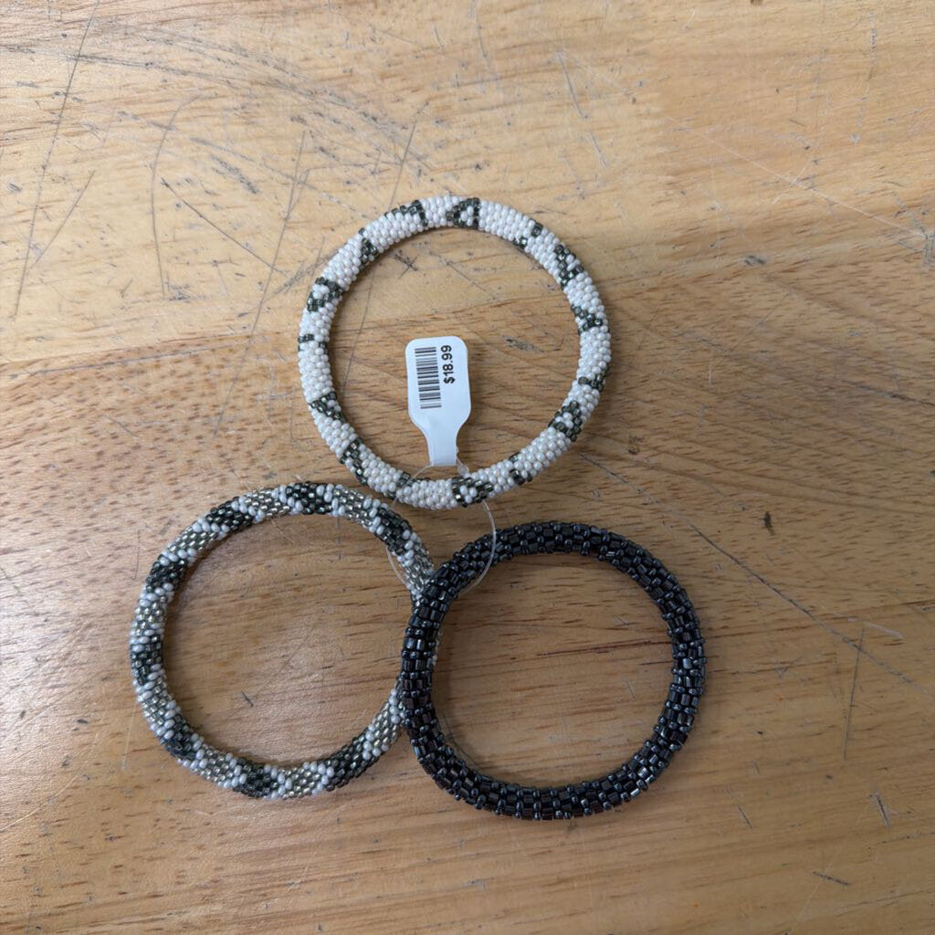 Set of Three White/ Grey Beaded Wrap Bracelets