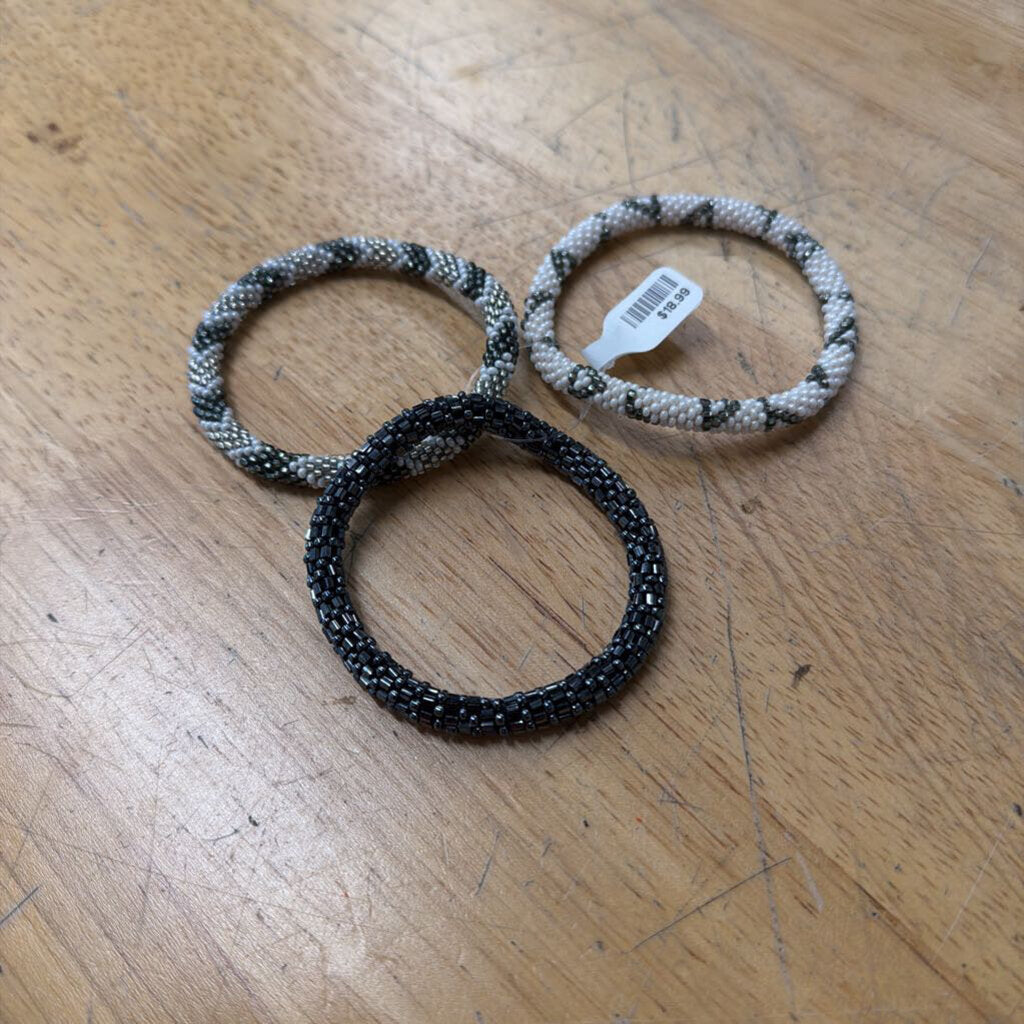 Set of Three White/ Grey Beaded Wrap Bracelets