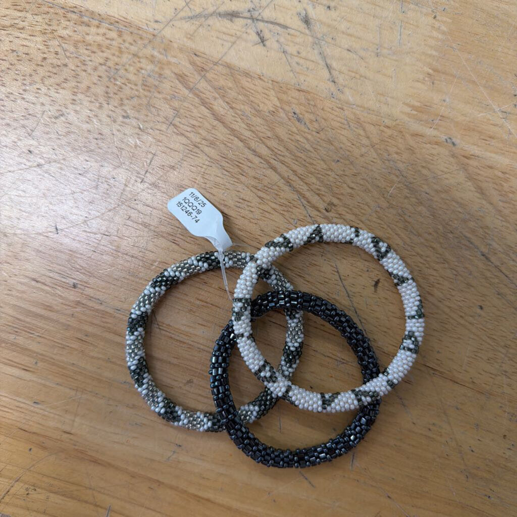Set of Three White/ Grey Beaded Wrap Bracelets