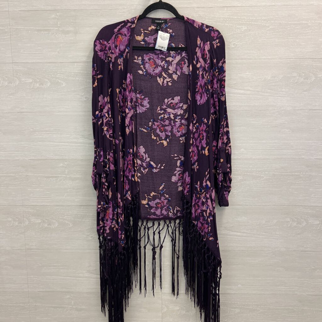 Torrid Purple Floral Print Fringe Kimono 1